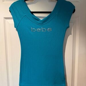 BEBE Women’s Teal Rhinestone Logo V-Neck Top